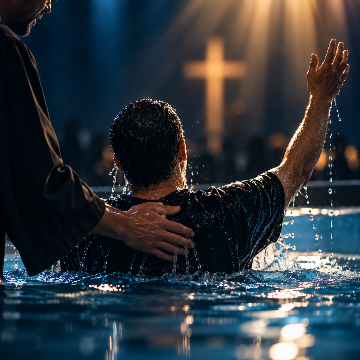 Batismo em uma piscina sob a luz de uma cruz