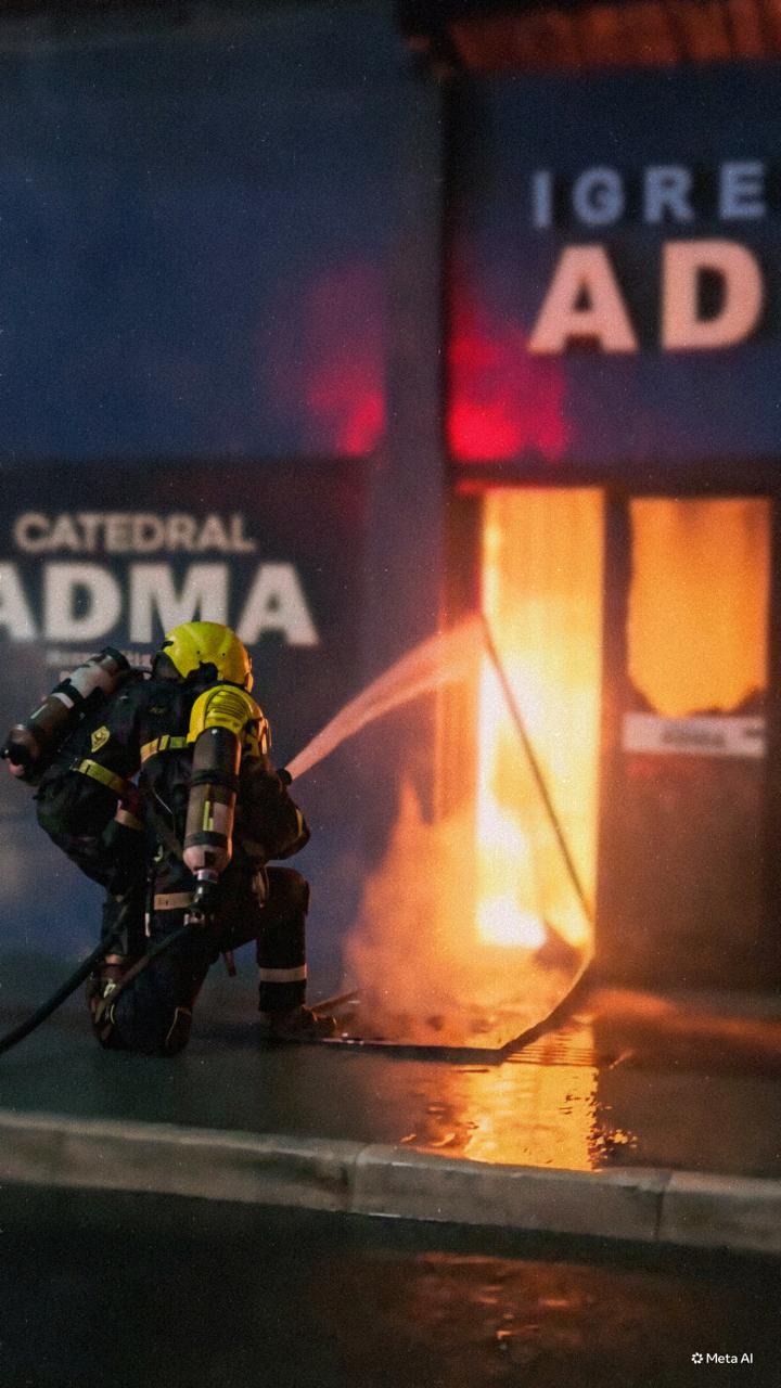 Bombeiros combatendo o incêndio na Catedral ADMA